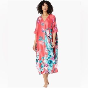 Natori Printed Zipper Caftan, Peach Coral, size Medium